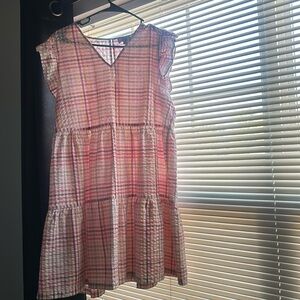Pink plaid dress with ruffle shoulders
